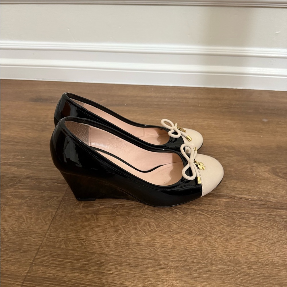 Kate Spade Black and Cream Wedge Heels with Bow